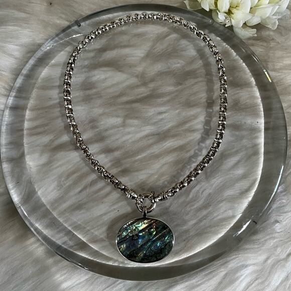 NEW Sterling Silver Large Abalone Shell Pendant Tahitian Peacock Pearl Necklace - Picture 3 of 16